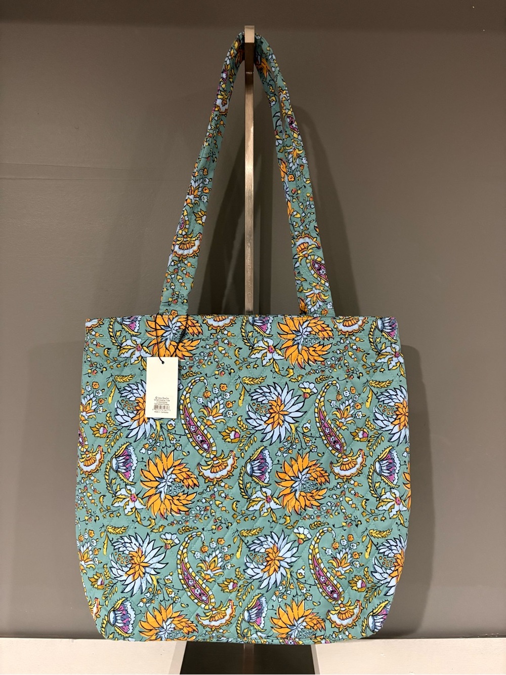 Floral Print Cotton Tote Bag - Teal/Yellow